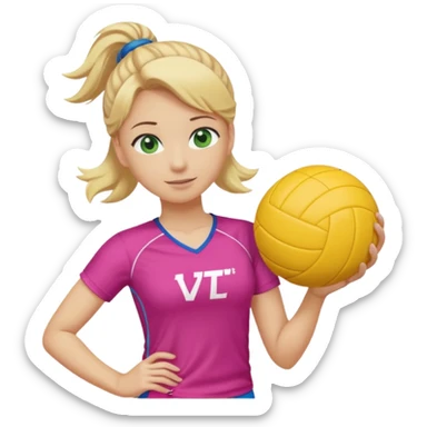 criar o emoji de uma jogadora de volei, com cabelo loiro amarrado camiseta rosa com ondas azuis secrito LIVET'S segurando uma bola de voley da marca mikasa, tenis amarelo e olhos verdes grandes sticker