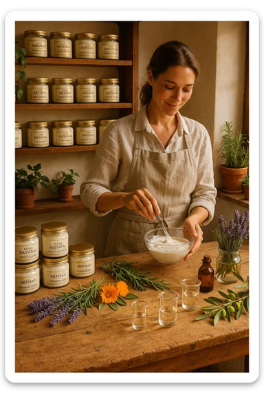 A realistic, high-quality photo of a small artisan skincare laboratory in Italy, with wooden shelves displaying beautifully packaged glass jars of natural creams made with herbal and botanical extracts, olive oil, and essential oils, clearly labeled ‘100% Natural’ and ‘Artisan Made in Italy’. The scene includes a bright, sunlit rustic workspace with plants, fresh lavender, rosemary, calendula flowers, and olive branches on the wooden counter, symbolizing purity and nature. A female artisan in a linen apron is carefully mixing creams in a glass bowl, smiling softly. The environment feels warm, authentic, and eco-friendly, emphasizing the concept of handcrafted skincare without synthetic chemicals in italiano sticker
