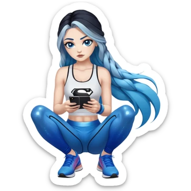 Shameful-Female-very very very large chest-texting on a samsung cell phone-very long straight braided black to sky blue hair ombre-blue eyes-black eyeliner-long eyelashes-iridescent low cut tank top with glitter superman logo-white leggings-nike high top sneakers sticker