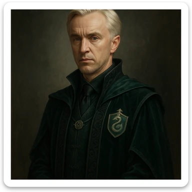 Draco Malfoy at 37 years old, silver-blond hair, sharp features, elegant Slytherin-inspired robes, mature but not old, fantasy style sticker