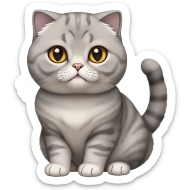  Cinematic-Scottish-Fold-Cat-Realistic-Full-Body-Sitting-Emoji – Tail curled playfully around its paws, head tilted dramatically, soft solid grey fur, signature folded ears adding to its distinctive charm, simplified yet realistic focused features, highly detailed, glowing with an almost sarcastic glow, round amber eyes radiating intelligence and mischief. sticker