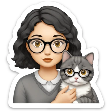 Young woman with oval face and warm yellow-toned skin, black wavy hair, thin-framed glasses, holding a grayish-white Munchkin cat with short legs and charcoal-gray marking under its mouth sticker