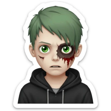 Zombie boy with green-gray eyes, with messy emo brown hair, wearing only a hoodie sticker