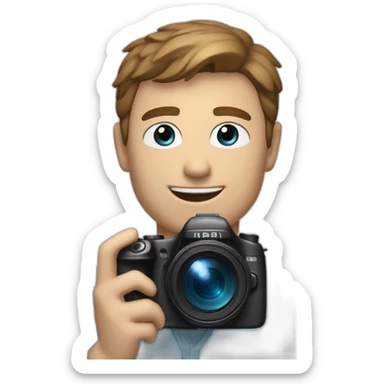 man with camera, he was smiling and he have brown short hair, blue eyes and he was tall. up camera there is a text "dir by mlodyw"  sticker