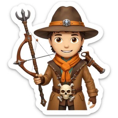 male human monster hunter emoji, wearing brown leather coat and wide hat, holding crossbow, with amulet shaped like skull, Halloween fantasy theme, confident smile, orange scarf, Apple emoji style, clean white background, square image sticker