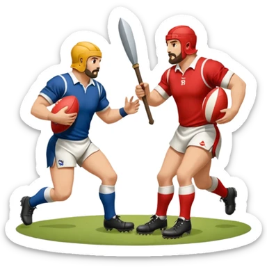 Batalla medieval protagonizada por jugadores y jugadoras de rugby con botas de rugby agarrando armamento y balones sticker