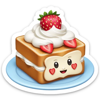 emoji illustration of a square toast topped with fluffy white cream, decorated with a strawberry bow made from two strawberry halves and a small sliced center, bright red and glossy, Clean soft shading, kawaii emoji style, centered object, no plate, no background, high detail, pastel tone sticker
