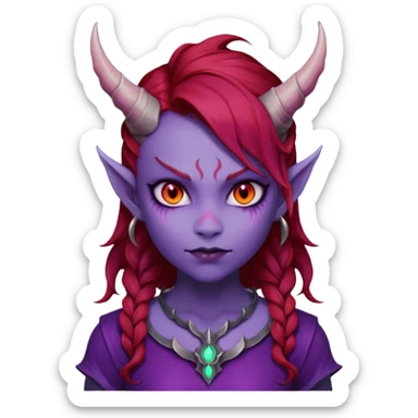 Demon Girl Purple Skin Dragon Horns Black Eyes Red Glowing Pupils Auburn Haired Red Shirt  sticker