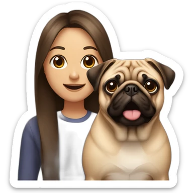 woman with long straight brown hair and a pug with its tongue out in the foreground sticker