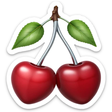 A pair of cherries emoji made of polished silver chrome, smooth rounded shapes, glossy metallic finish, soft highlights and reflections, cute proportions, iOS emoji style, centered, clean white background, no text sticker