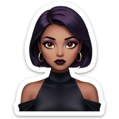 A half-body shot of a woman with bold makeup, including deep eyeliner and dark lipstick. Her outfit is a sleek, black satin dress, and she has a powerful, intense look. The background is a dimly lit, moody space with soft bokeh lights sticker