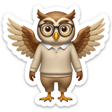 friendly anthropomorphised owl with wings instead of arms, in pants and a shirt, wearing glasses, walking upright, relaxed pose sticker
