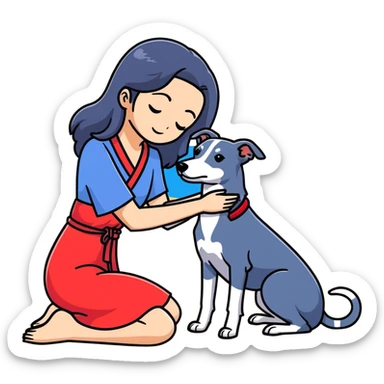 Only ONE beautiful 25-year-old Japanese woman with long flowing black hair wearing a stylish BLUE beach dress, gently PETTING her ONE PURE SOLID DARK GREY whippet with a bright RED COLLAR on a sunny beach. The woman is kneeling or bending down to pet the whippet, with her hand lovingly stroking the dog's head or back. The single whippet MUST be 100% SOLID DARK GREY with ABSOLUTELY NO WHITE MARKINGS ANYWHERE - specifically NO WHITE on face, NO WHITE on chest, NO WHITE on paws - ENTIRELY ONE CONSISTENT SOLID DARK GREY COLOR throughout. Just one woman and one dog. Bright blue daytime sky, sunshine, blue ocean and golden sand beach in the background. sticker