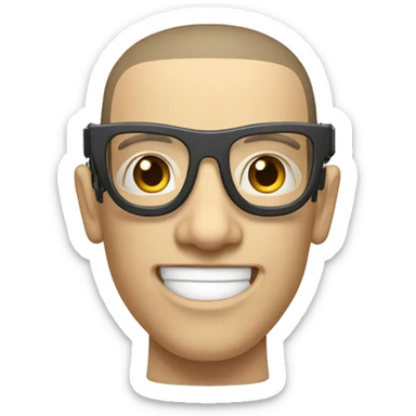 Cyborg head with fair skin, flat top haircut, rectangular glasses, circuits and smiling  sticker