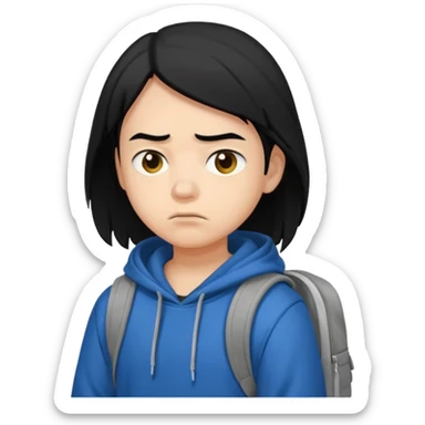 college student with annoyed face , black hair , with hoodie and backpack sticker