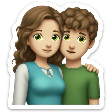 girl with brown hair and blue eyes hugging a boy with brown hair and green eyes  sticker