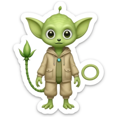full body cute roughly humanoid peacefull alien furry with 2 legs and eye stalks stands upright and looks intelligent ...wears clothing. not green..looks happy and cudly... has 3 eyes...the alien has 3 eyes....it has an extra eye on a stalk sticker