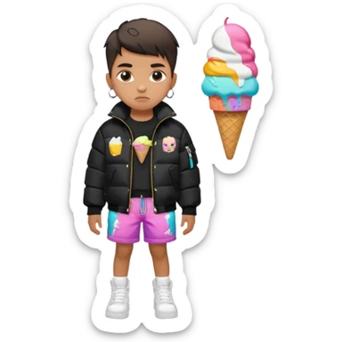 A young boy that Wears a black puffer jacket, colorful Ice Cream shorts with cartoon prints, white Air Forces, a crossbody bag, and a chain. Has a fade or durag, serious face, and London street vibes sticker
