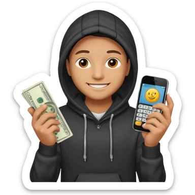 miling young entrepreneur in a hoodie, holding a stack of cash in one hand and a phone in the other, clean emoji style, soft lighting, simple background sticker