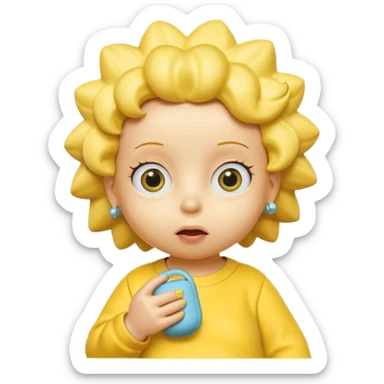 A 3D cartoon baby character yellow skin, styled like Maggie Simpson, with pacifier, yellow onesie, big eyes, smooth shading, Memoji-style rendering, consistent with other yellow Simpsons characters. sticker