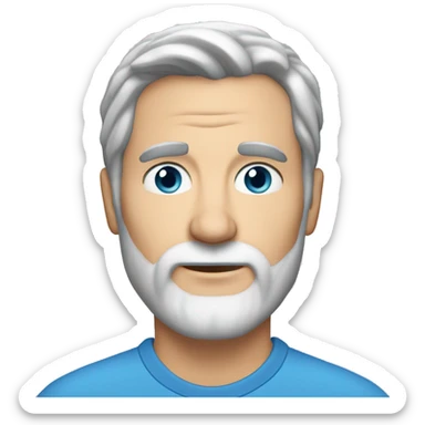 White male, blue eyes, 45 years old, with medium-length, graying hair, combed back and parted in the middle, growing beard sticker