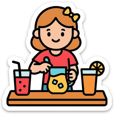 cartoon girl preparing cold drinks and juices on a table, bright colors sticker