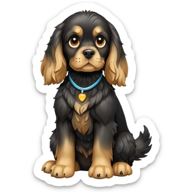cinematic-[cocker spaniel dog]-realistic-full-body-sitting-emoji,-tail-resting-loosely-beside-its-paws,-head-tilted-dramatically,-scruffy-[black]-fur,-simplified-yet-realistic-focused-features,-highly-detailed,-glowing-with-an-almost-sarcastic-glow sticker