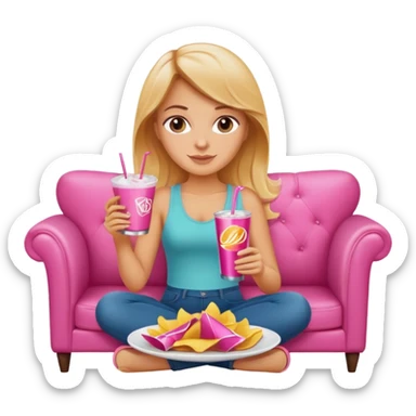 home white girl with plate of chips and soda drink, sitting at the pink sofa sticker