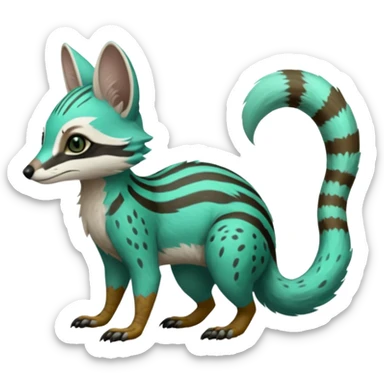 Feral Rare Fantasy minty-cyan Hunter-forest-green  Vernid-Gremz-Numbat-Sergal-Genet-Trico-species by LiLaiRa, random markings, tufted tail, tufted ears, full body sticker