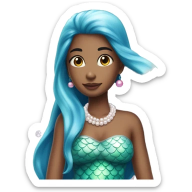 Girl with blue straight hair And pearls on the hair and she has magical beautiful mermaid tail a pink one sticker