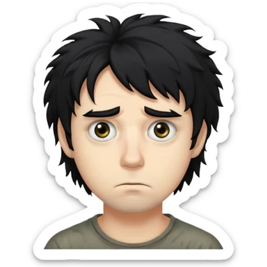 Hair: Messy, shaggy black hair that sticks out in uneven tufts, like he never bothers to style it.

Eyes: Big, heavy-lidded eyes with dark circles/eye bags, giving him a tired, haunted stare.

Skin: Very pale complexion sticker