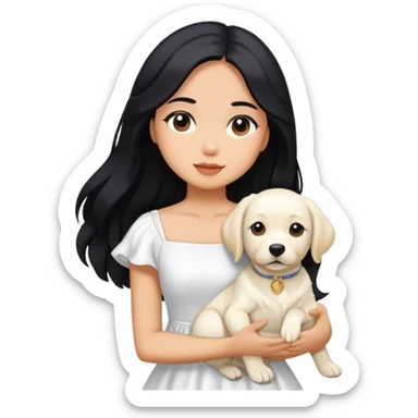 A beautiful girl with long black hair and a white dress is holding a white Labrador sticker