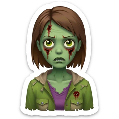a zombie woman with straight brown medium hair with green skin sticker