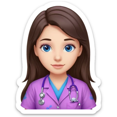 pretty brunette nurse with long hair and blue eyes in pink and purple dinosaur pattern scrubs sticker