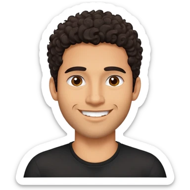 Hombre latino piel canela, cara redonda-ancha, scruff sin barba completa, cejas gruesas, pelo oscuro rizado hasta el cuello. Sonrisa amplia, expresión alegre. Camisa negra. Size large.  sticker