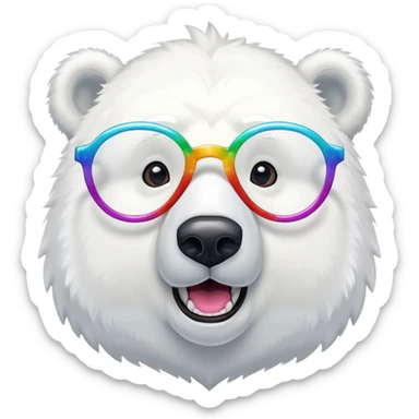 close up headshot of a friendly anthropomorphised polar bear with excited expression wearing large multicolored star-shaped glasses sticker