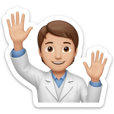 Hombre con bata blanca piel clara y cabello café saludando sticker
