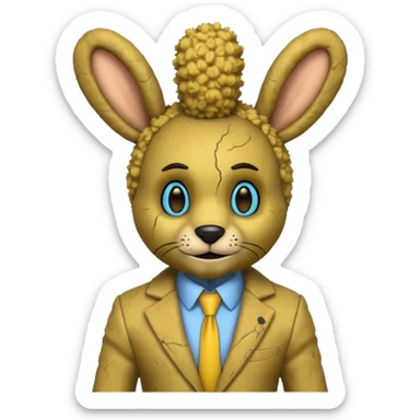 springtrap yellow damage hare suit with hare ears blue eyes with strands of 3C afro textured hair size of a small toothpick sttcking up sticker