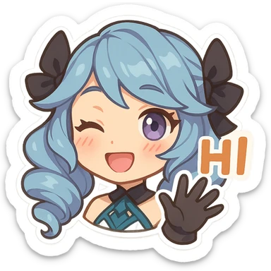 Gwen from League of Legends, chibi style, only head, right eye purple, one hand waving with glove, hi emote, blushing and smiling, no text sticker
