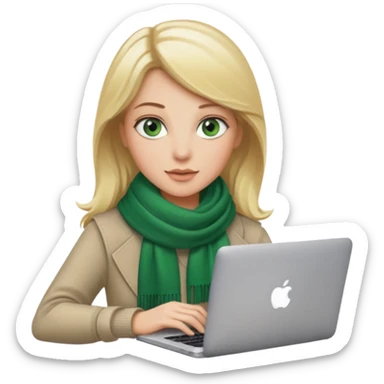 blond women skine , with green eyes and scarf . with macbook sticker