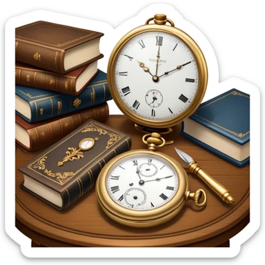 Icon for Antiques Collecting: antique carved  table, a vintage pocket watch and a porcelain figurine, all placed on a wooden antique carved table surrounded by aged books and a magnifying glass. The icon should evoke the elegance and history of antique collecting. Transparent background. sticker