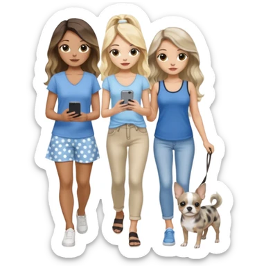 Three pretty women in cute summer clothes walking a blue and gray spotted Merle Frenchie and walking a black and tan chihuahua puppy, holding iPhone, hazel eyed light skin with dark blonde long hair and light skin hazel eyed long wavy dark hair, blue eyed light skin long blonde hair  sticker