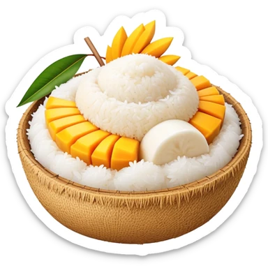 cinematic-realistic-mango-sticky-rice-dessert-emoji,-showcasing-sweet-sticky-rice out of a mould-paired-with-ripe-mango-slices-and-coconut-milk-rendered-with-lifelike-detail-and-warm,-inviting-lighting with the coconut  milk over the rice sticker