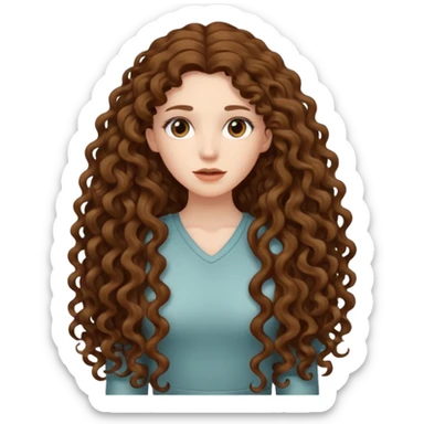 pale woman with brown curly very long hair, middle part. the hair is very very very very very very long, so long, you can't see the ends. the hair is very heavy and goes down to her feet sticker