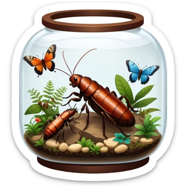 Close-up of giant Madagascar hissing cockroaches, butterflies, and stick insects inside a terrarium, with detailed textures of their bodies, wings, and legs. Soft lighting highlights their features. Transparent background. sticker