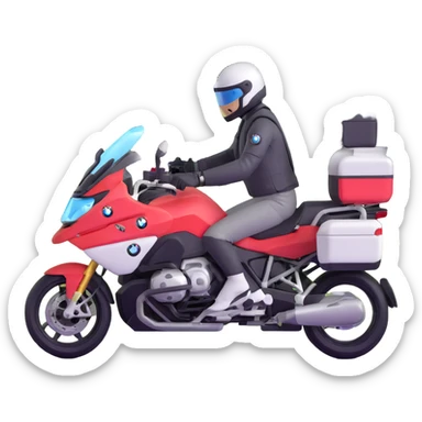 BMW RT1200 LC touring motorcycle with rider on open road in a forest with easter eggs sticker