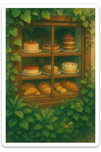 a whimsical ghibli bakery window with cakes and breads, lush plants, soft painterly style sticker