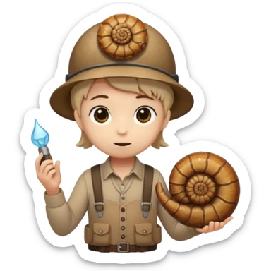 Shelly has a small, chibi-style body with a large ammonite-shaped head that looks like a beige fossil shell. One side of her head has a dark opening, making it clear she isn’t human. Her face is simple and soft, with big round eyes. She wears a brown suspender outfit over a lighter shirt sticker