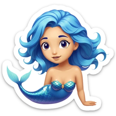 Cinematic Realistic Blue Hair Mermaid Portrait, head tilted playfully and inquisitively, showcasing a delicate, tropical form with finely detailed, flowing blue hair contrasting beautifully against her sun-kissed tanned skin. Her bright, curious eyes sparkle like sea gems under warm filtered light, rendered with lifelike clarity and soft underwater illumination—capturing the essence of a spirited mermaid poised to dance playfully amidst coral reefs. sticker