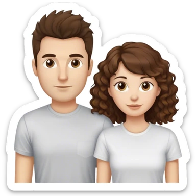 Una pareja joven de 30 años. Ella pelo largo y rizoso, de color castaño y con el flequillo liso. Él, sin barba, un poco de tupe y piel clara. Ambos en camiseta sticker
